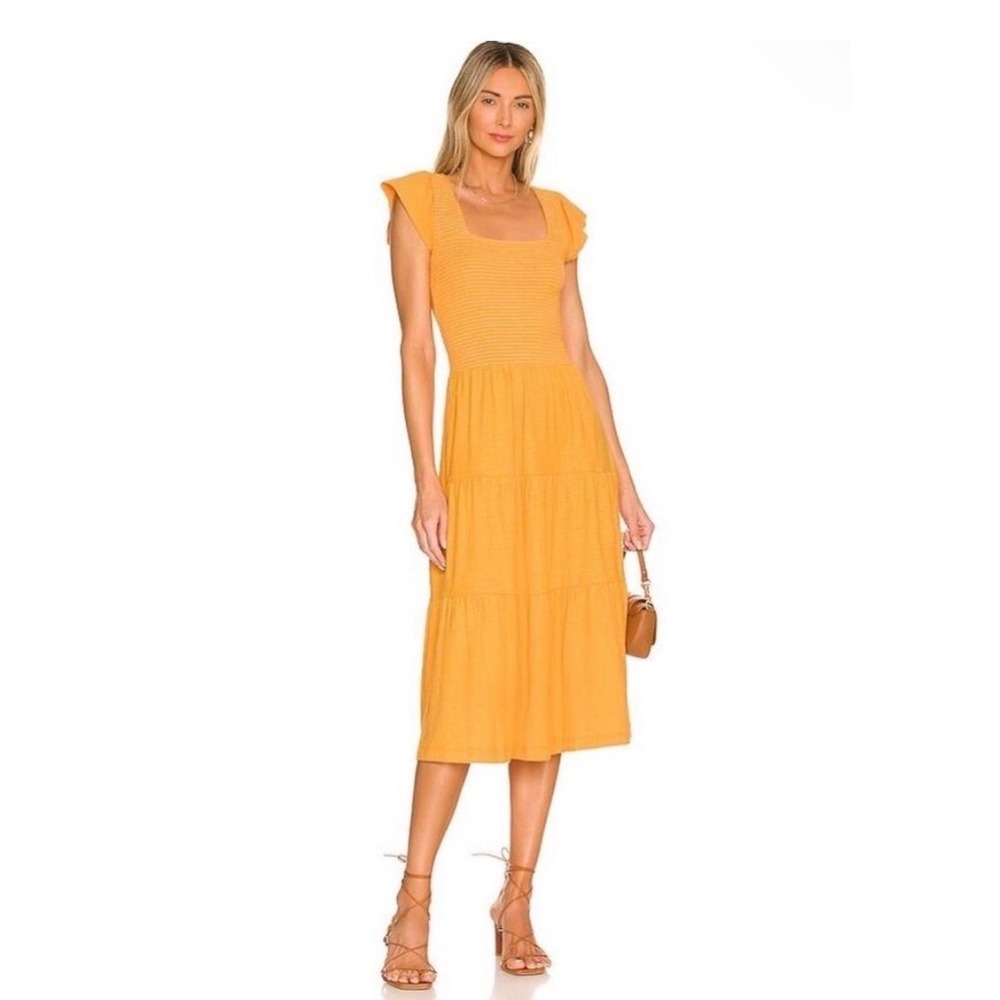 Nation LTD Josie Midi Dress Womens Medium Orange Smocked Tiered Pima Cotton